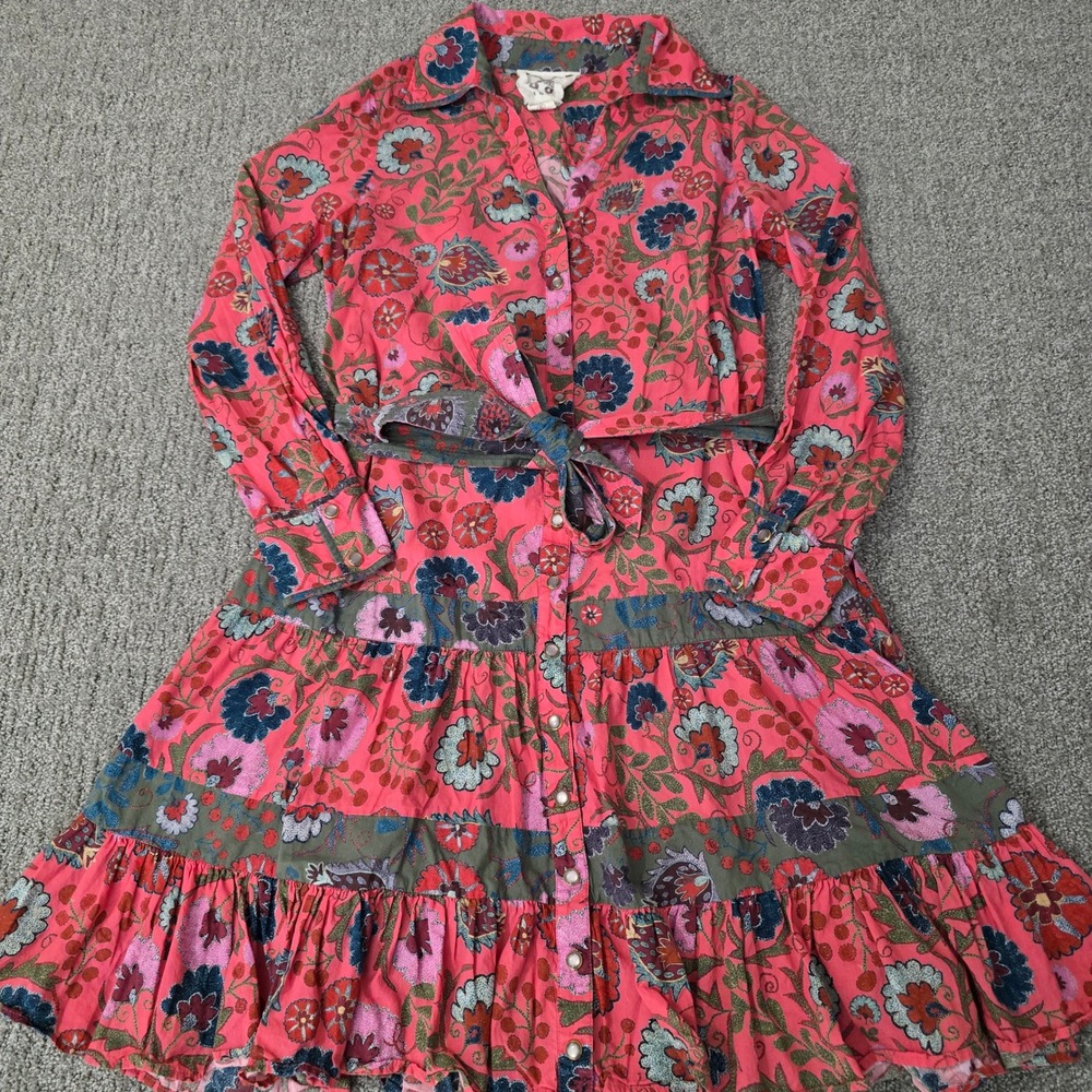 Figue Cami Dress XS Pink Floral Cotton Tiered Belted Boho Shirt Dress